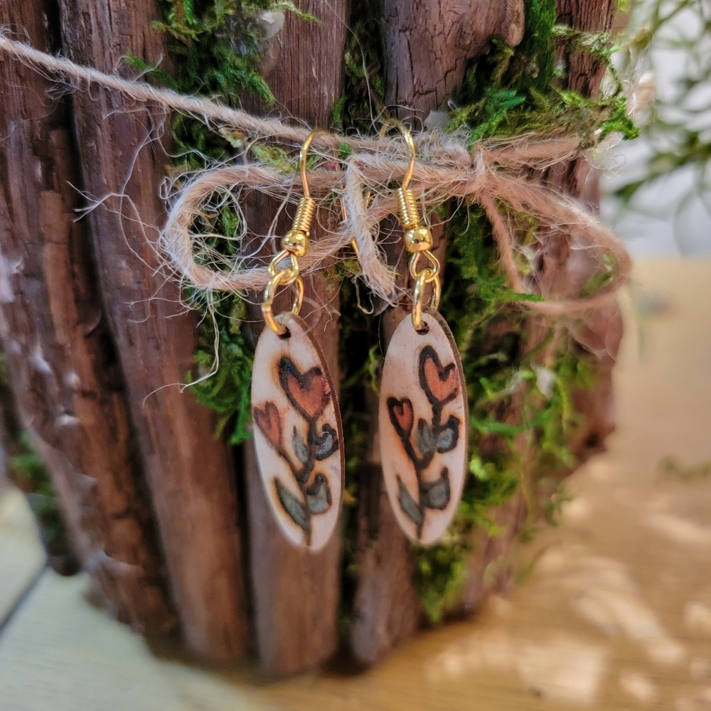 Handmade Woodburned Heart Flower Earrings